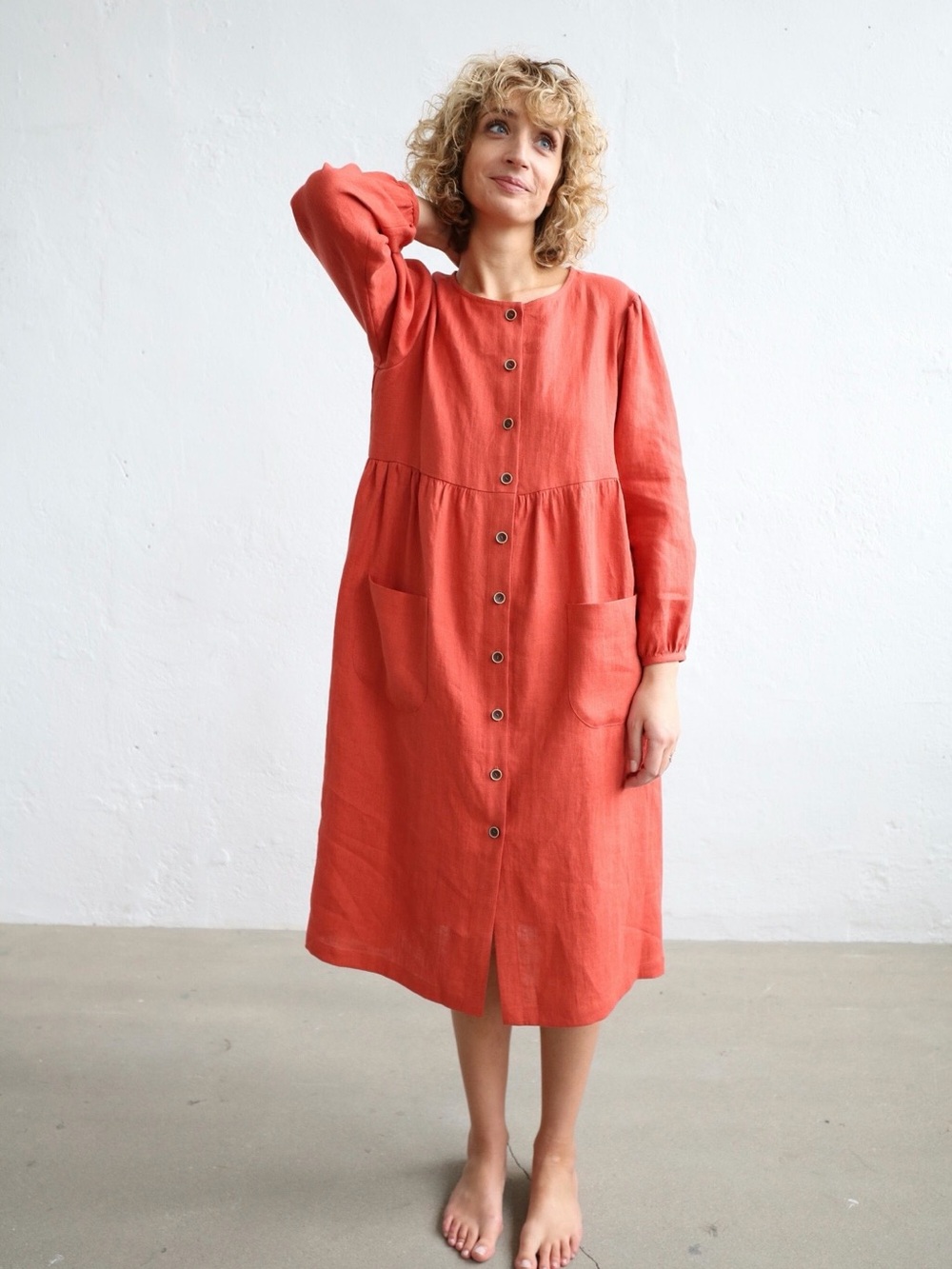 Smock linen dress XS in Teal Blue